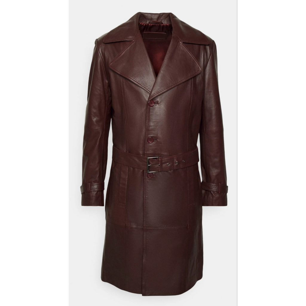 Mens Burgundy Belted Genuine Leather Trench Coat