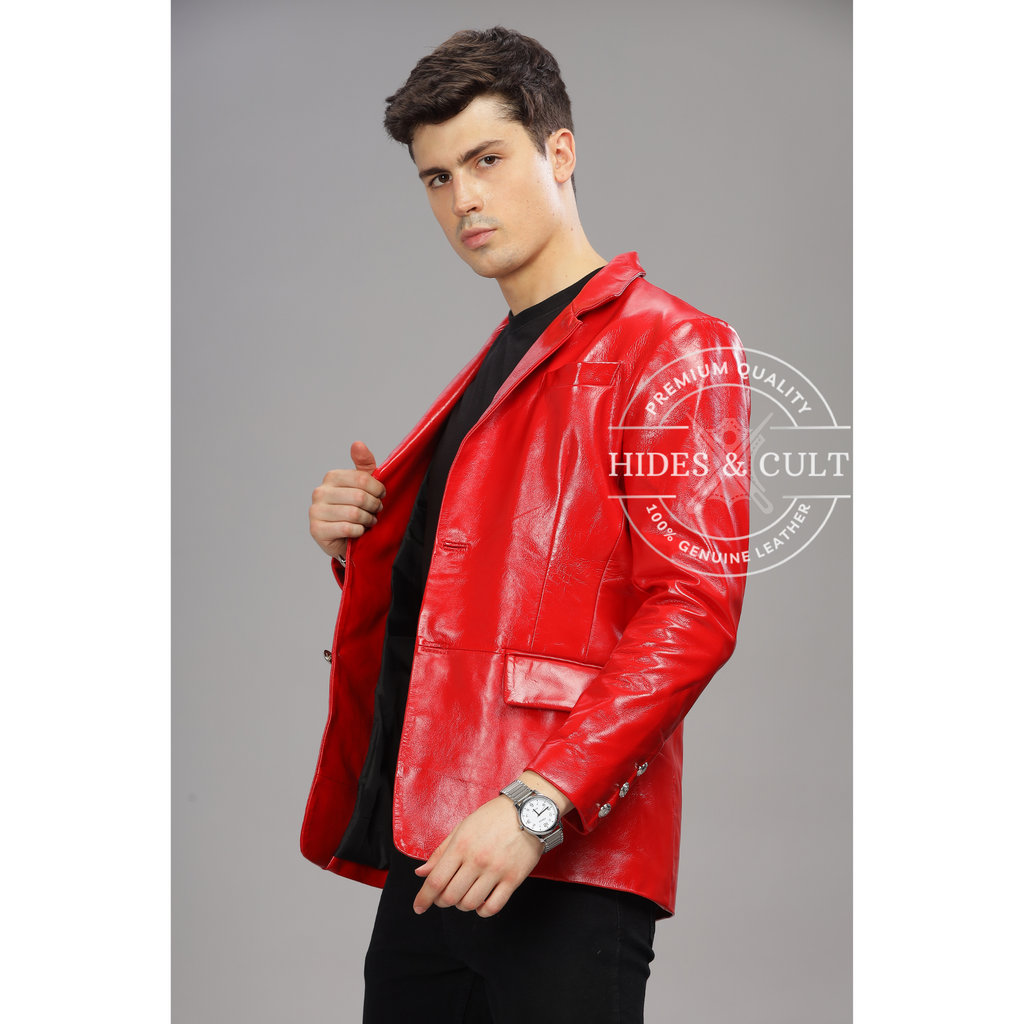 Men's Red Slim Fit Business Leather Blazer