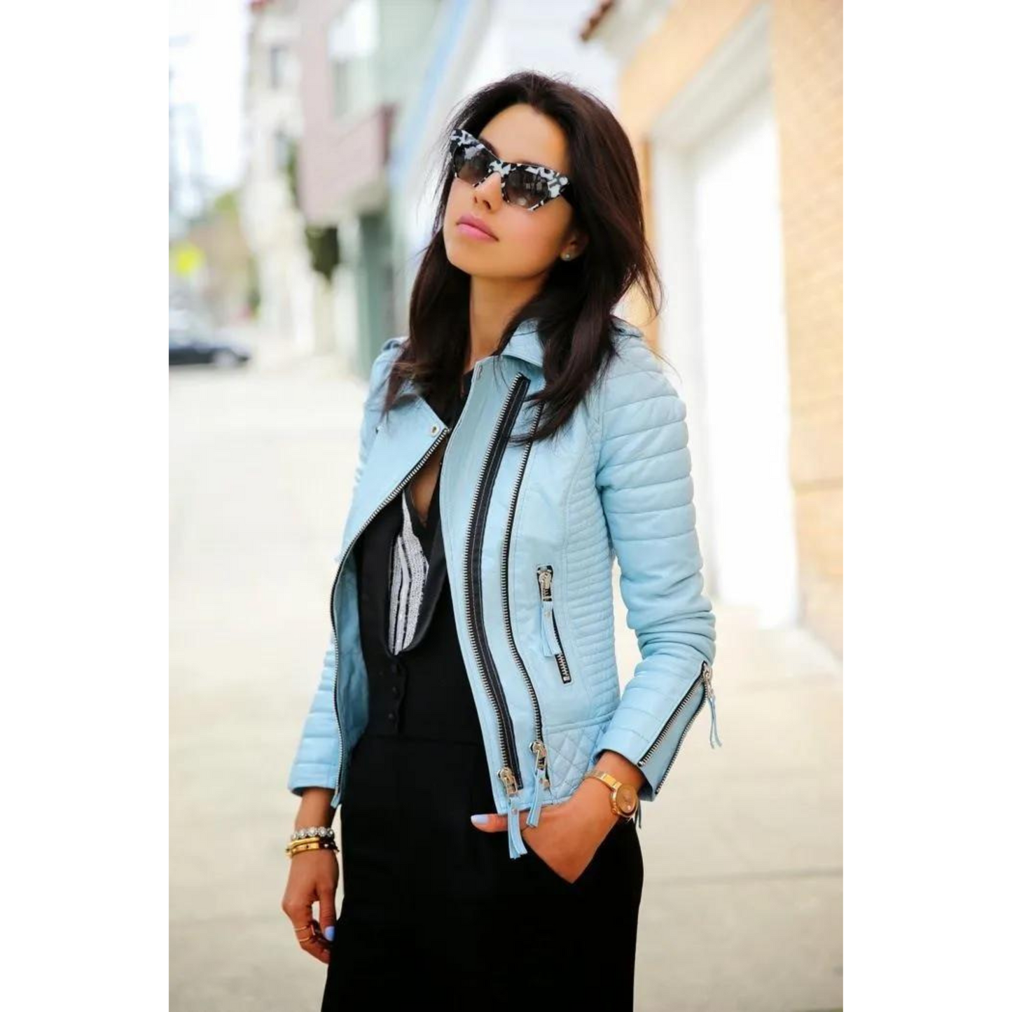 Women's Turquoise Blue Motorcycle Biker Quilted Leather Jacket