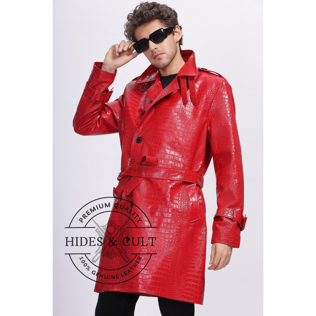Mens Rich Red Croc Leather Trench