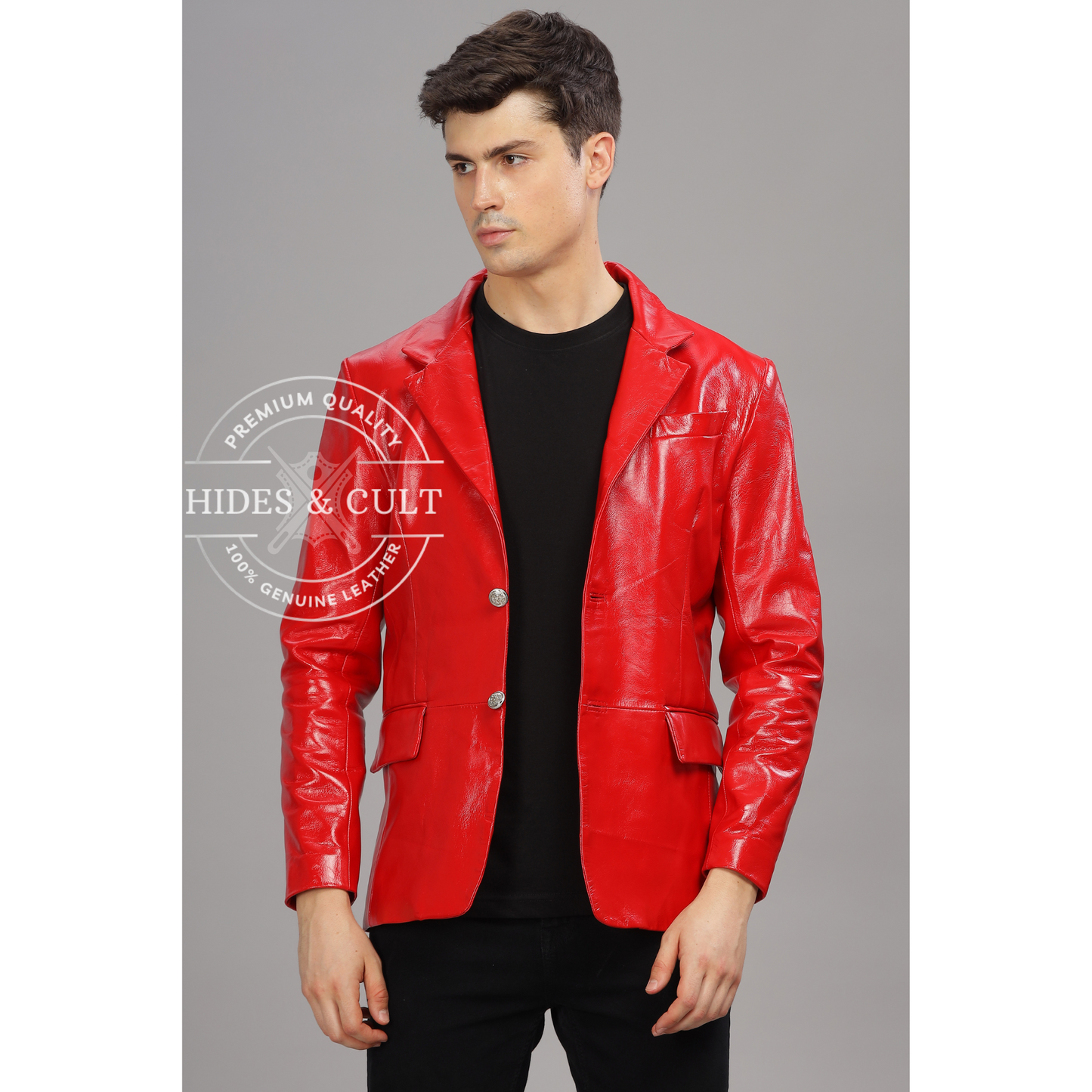 Men's Red Slim Fit Business Leather Blazer