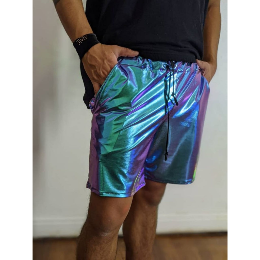 Mens Iridescent Purple Metallic Foil Rave Punk Style Genuine Leather Shorts