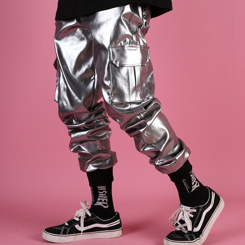 Men's Silver Metallic Foil Cargo Jogger Leather Pants