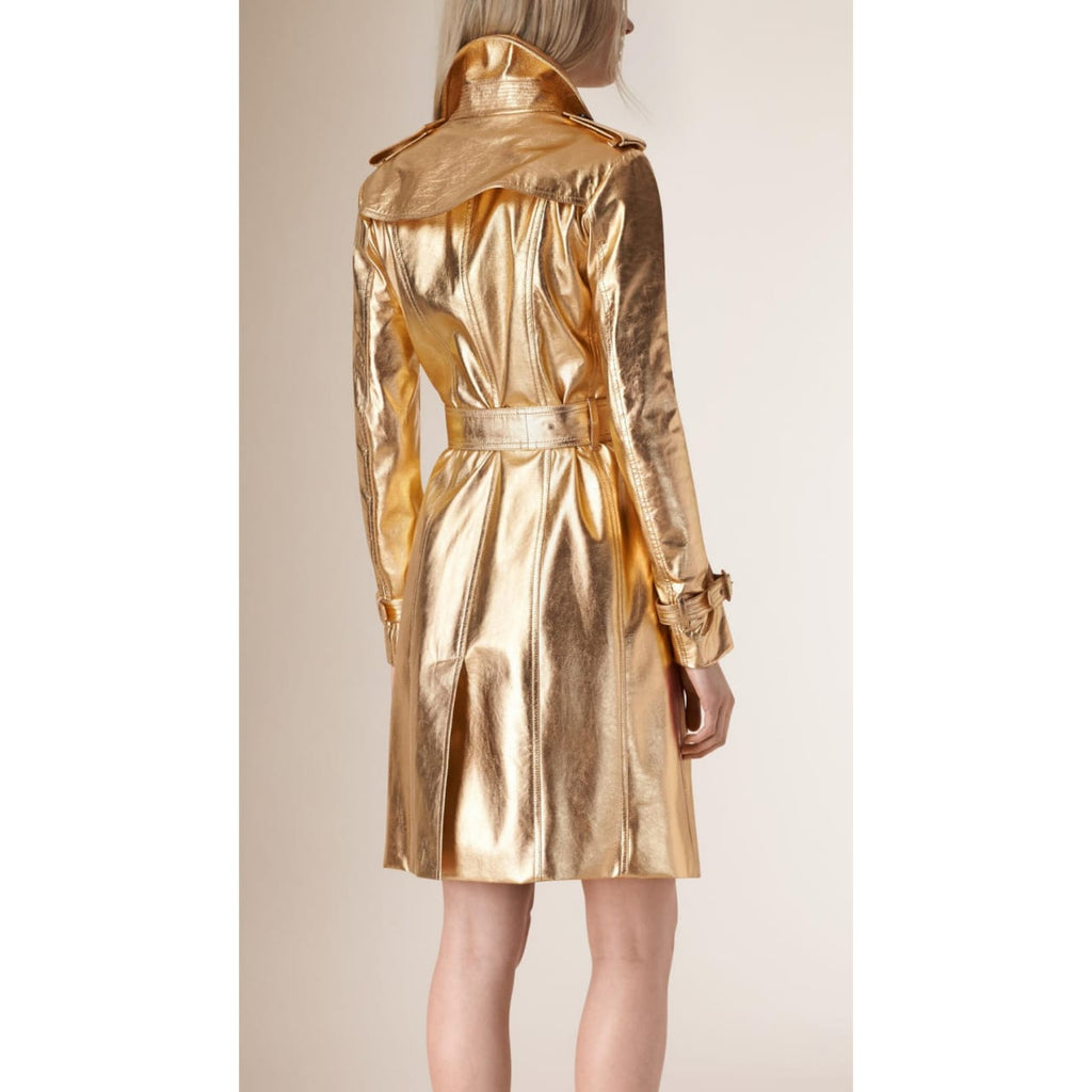 Women's Gold Metallic Foil Effect Double Breasted Real Leather Trench Coat