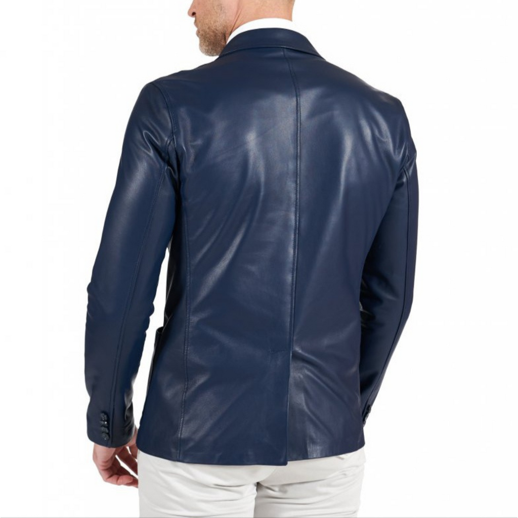 Men's Navy Blue Slim Fit Business Leather Blazer