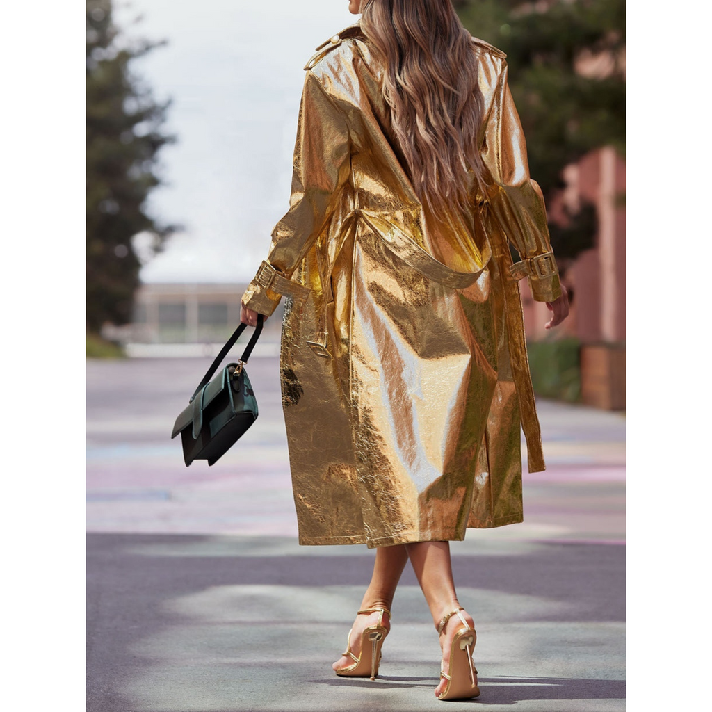 Women's Gold Metallic Foil Effect Double Breasted Real Leather Trench Coat