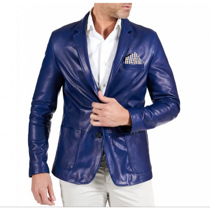 Men's Navy Blue Slim Fit Business Leather Blazer