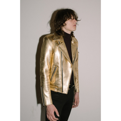 Mens Gold Metallic Foil Motorcycle Biker Leather Jacket