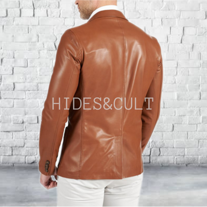 Men's Tan Brown Slim Fit Business Leather Blazer