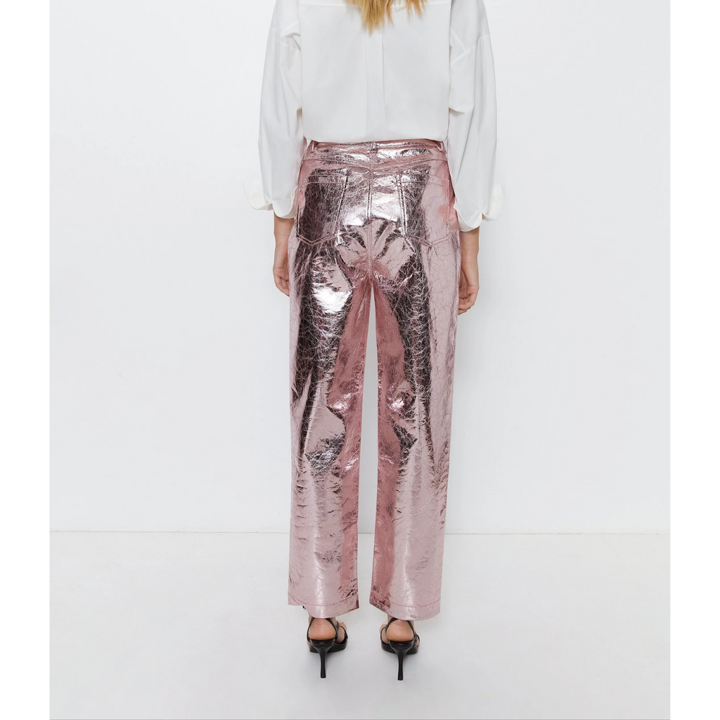 Women's Pink Crackle Metallic Foil Straight Leg Western Leather Pants