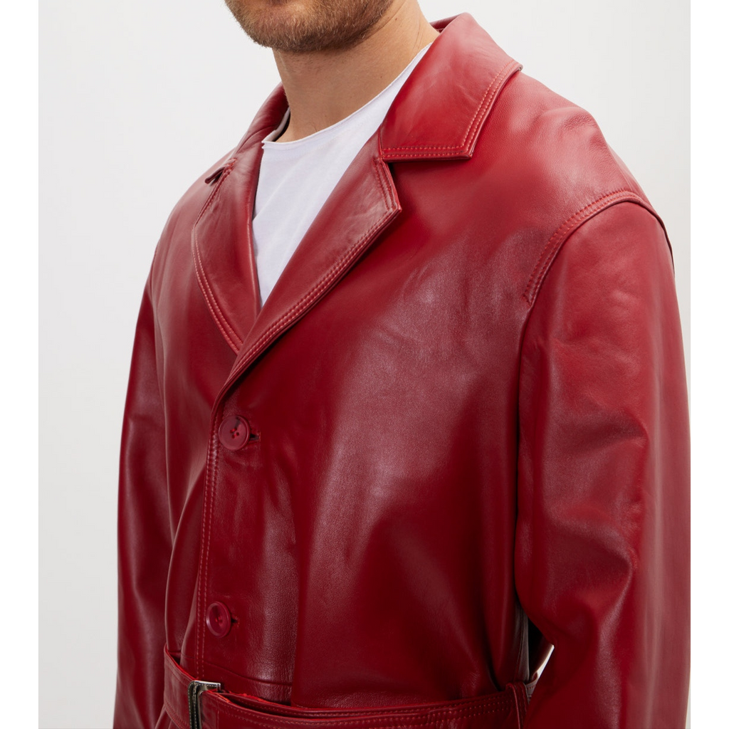 Men's Red Belted Genuine Leather Trench Coat