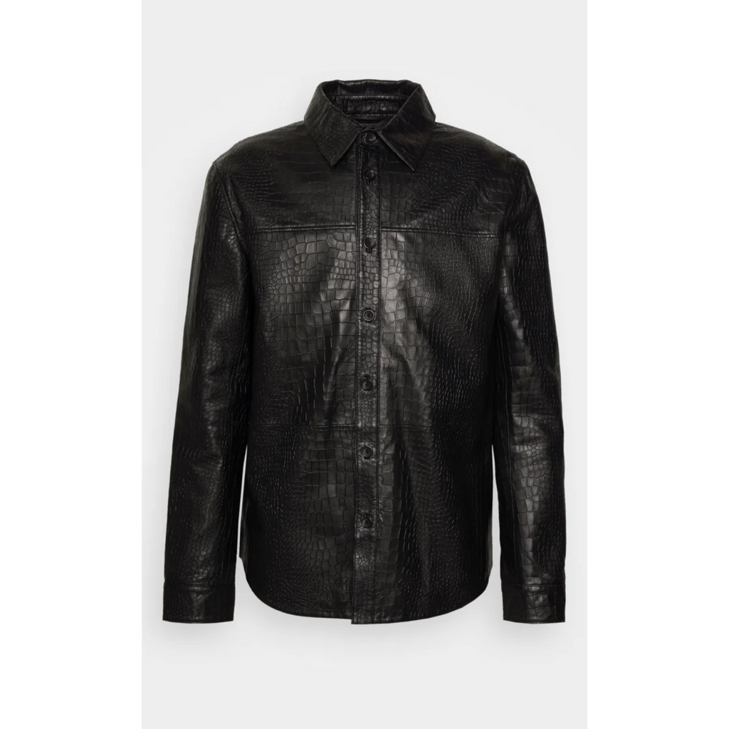 Mens Black Alligator Embossed Effect Genuine Leather Shirt