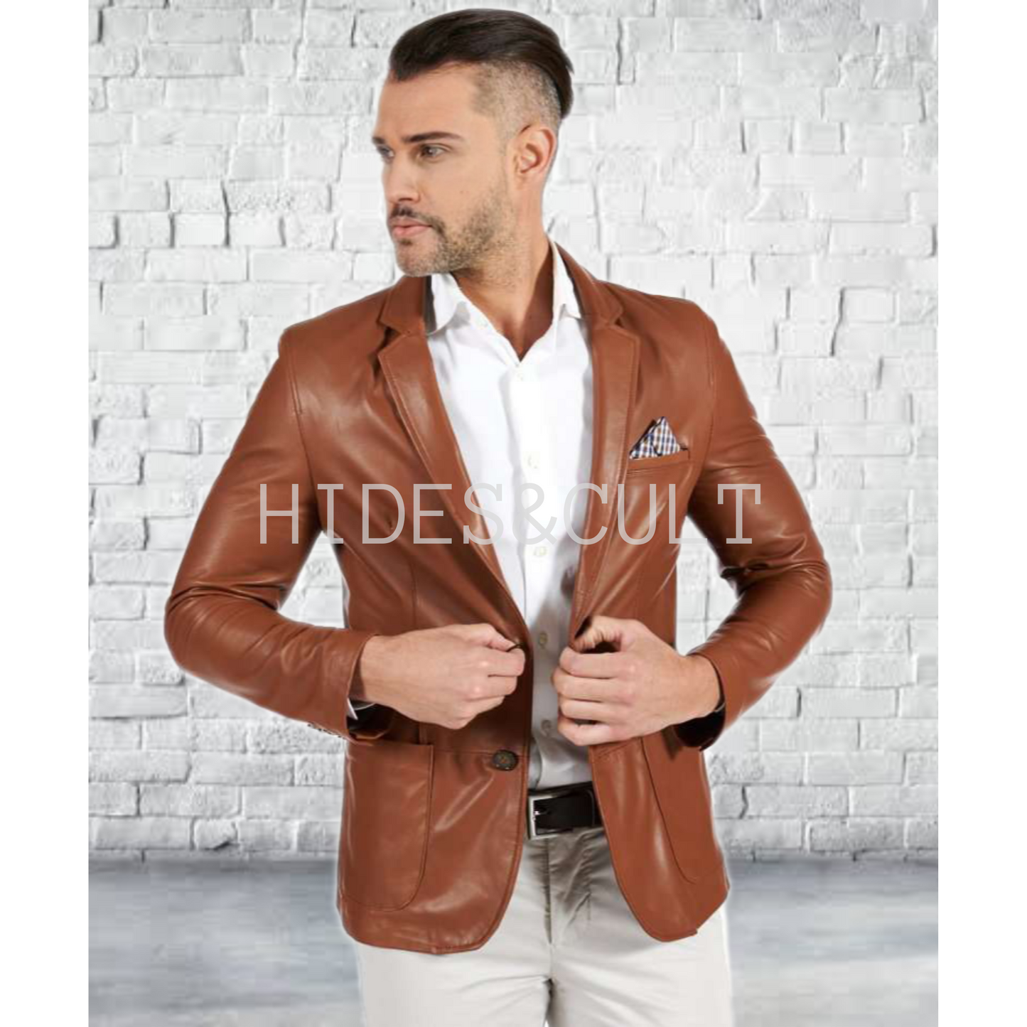 Men's Tan Brown Slim Fit Business Leather Blazer