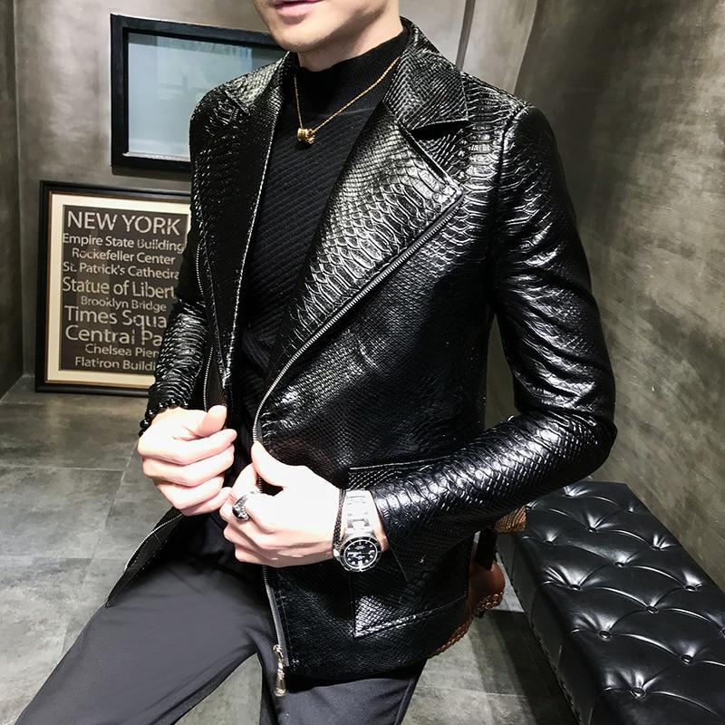 Men's Black Python Embossed Effect Motorcycle Biker Real Leather Jacket