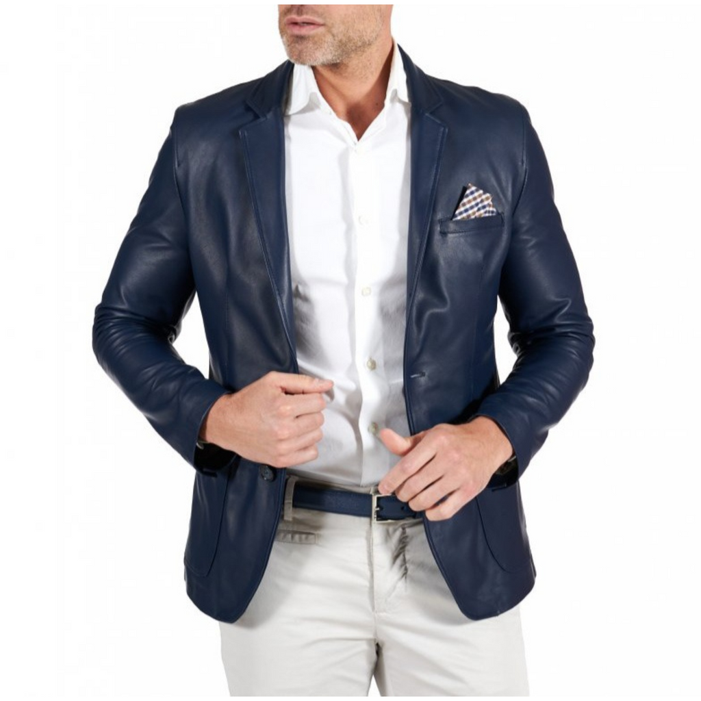 Men's Navy Blue Slim Fit Business Leather Blazer
