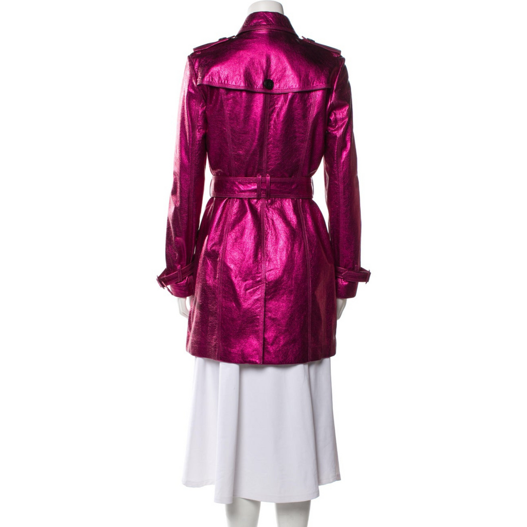 Womens Fuchsia Pink Metallic Foil Effect Double Breasted Real Leather Trench Coat