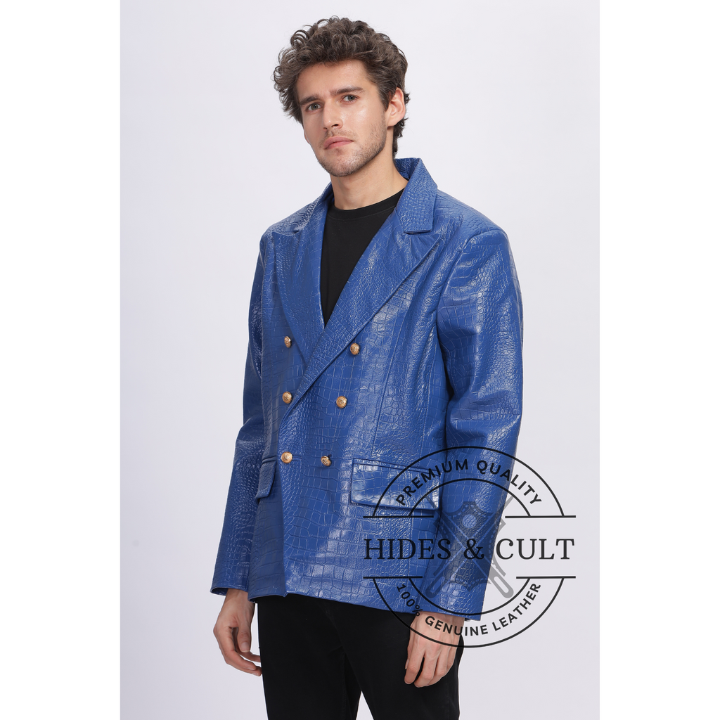 Mens Electric Blue Double Breasted Croc Leather Blazer