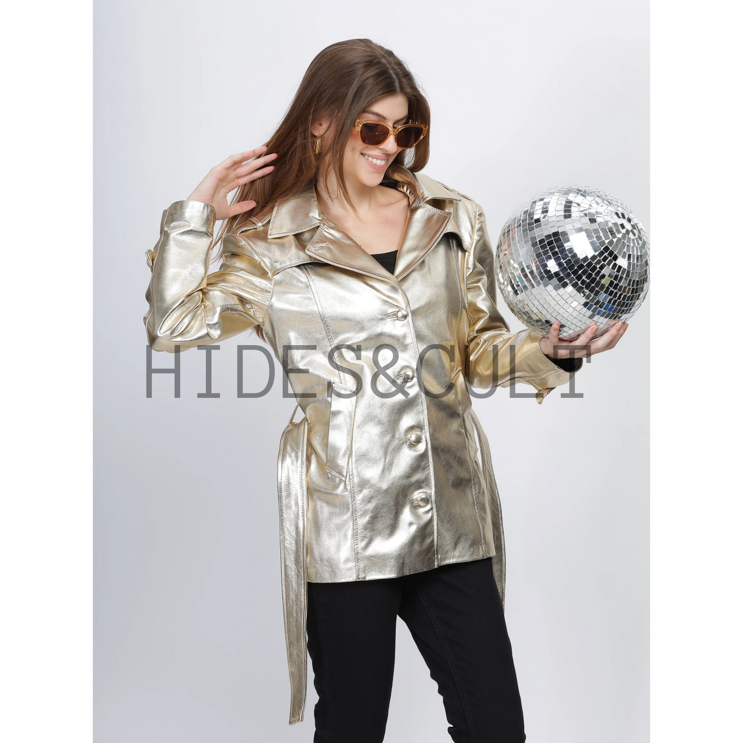 Womens Gold Metallic Foil Effect Belted Short Leather Trench Coat