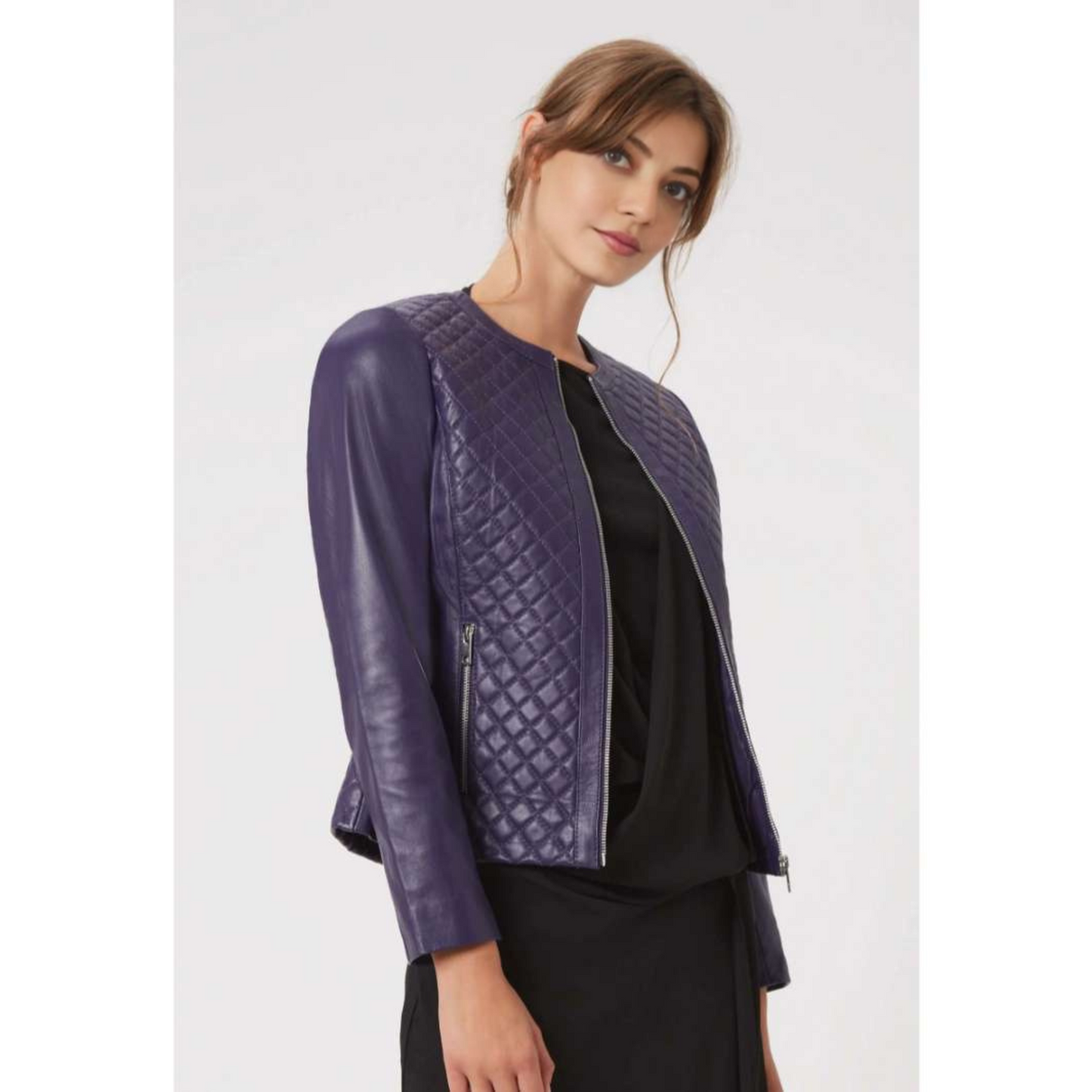 Women's Purple Slim Fit Quilted Round Neck Leather Jacket | Hides&Cult