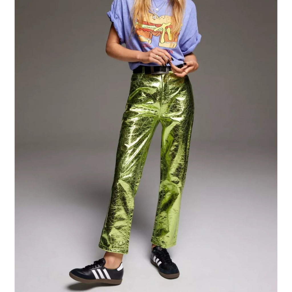 Women's Green Crackle Metallic Foil Straight Leg Genuine Leather Pants