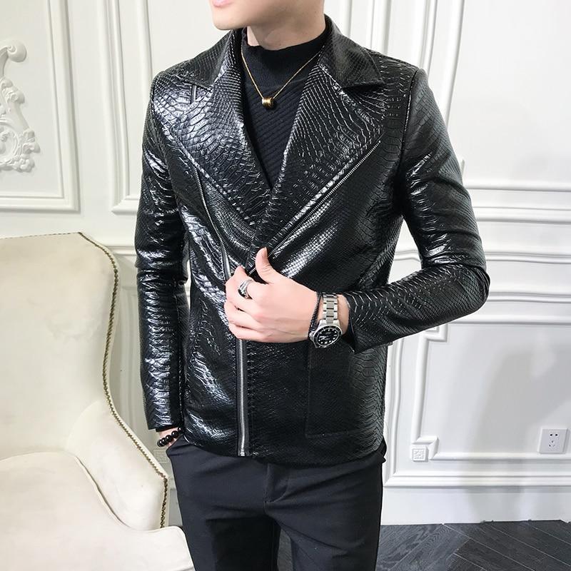 Men's Black Python Embossed Effect Motorcycle Biker Real Leather Jacket
