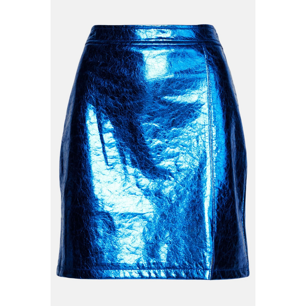 Womens Electric Blue Crush Metallic Foil EffectGenuine Leather Mini Skirt
