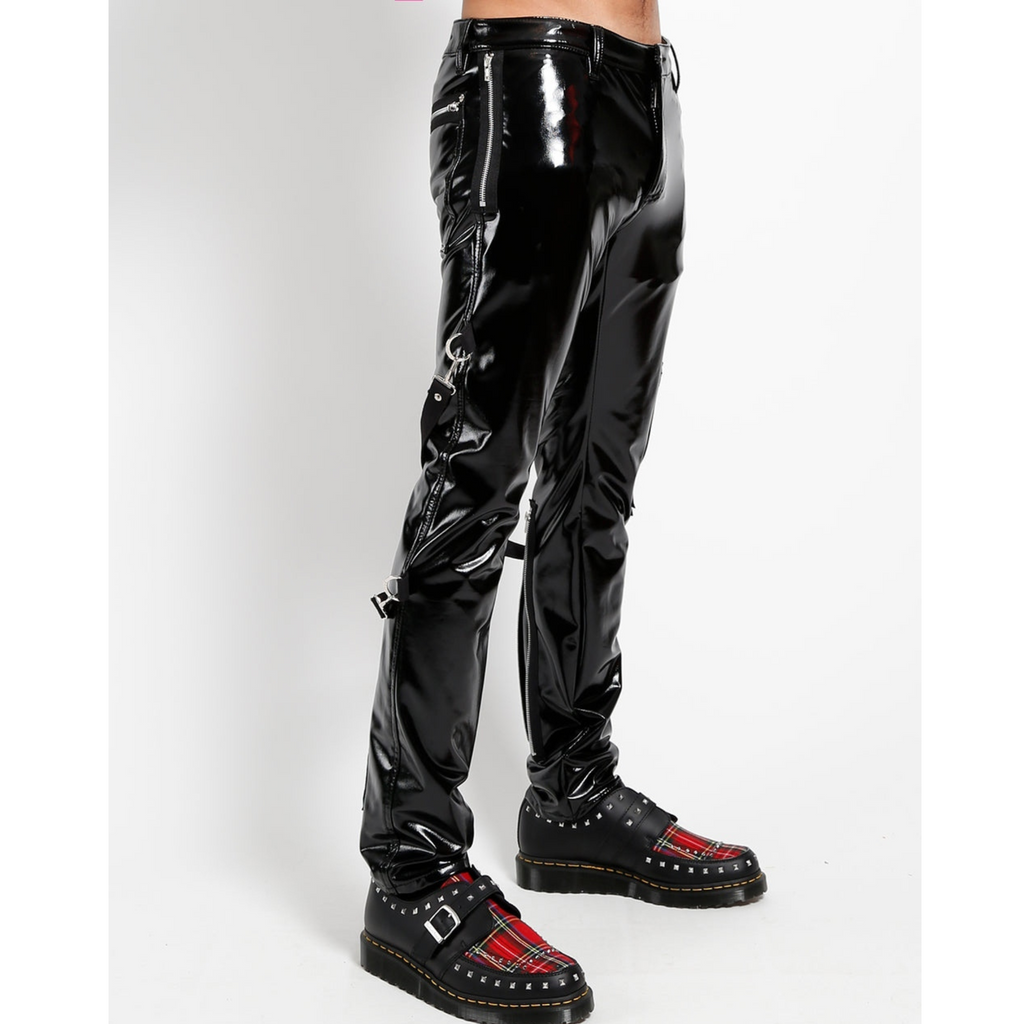 Mens Black Patent Effect Punk Style Zipper Detail Genuine Leather Pant Trouser
