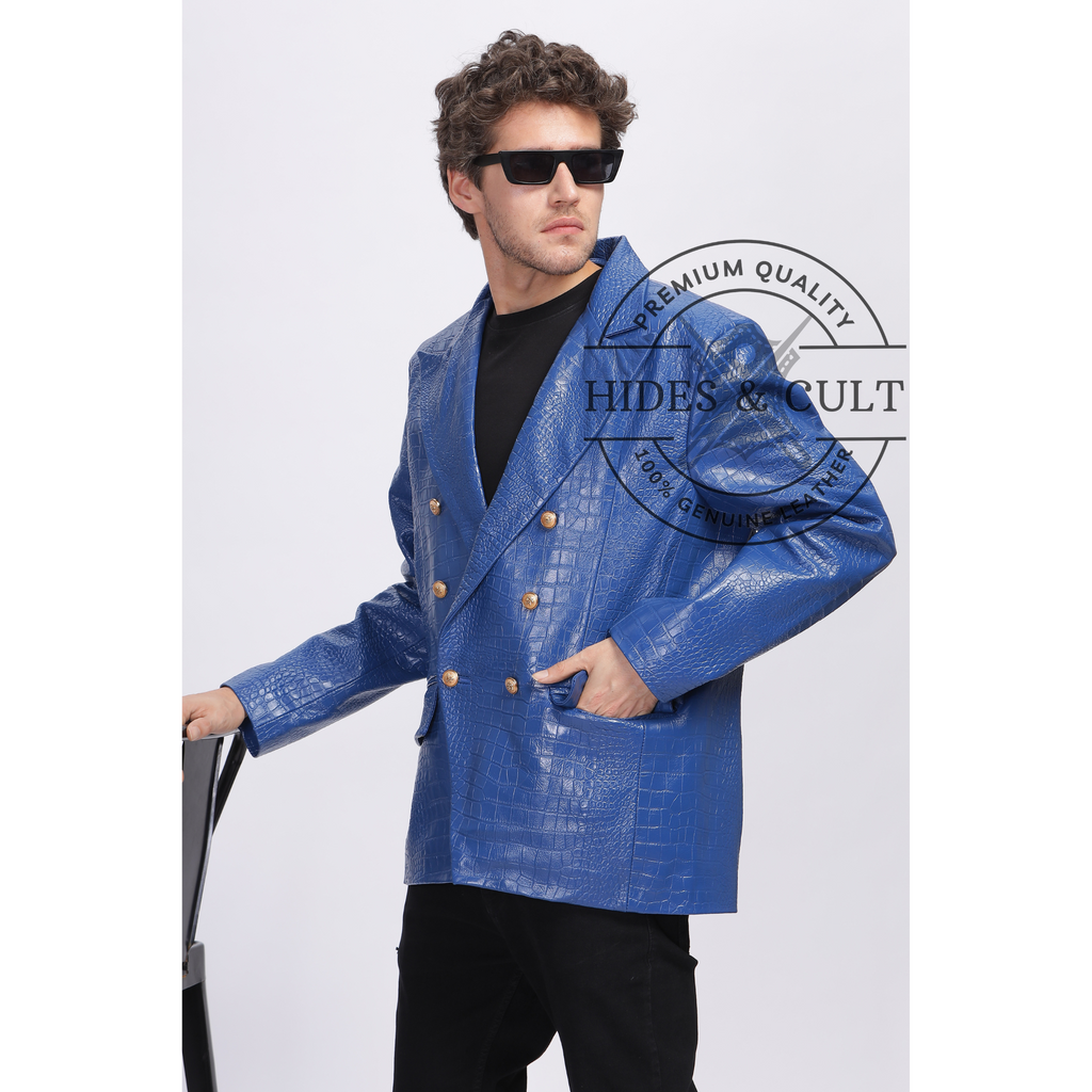 Mens Electric Blue Double Breasted Croc Leather Blazer