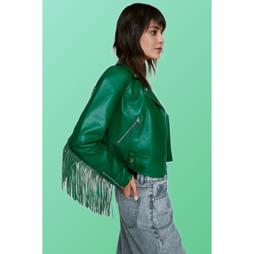 Women's Green Fringed Real Leather Jacket | Hides&Cult