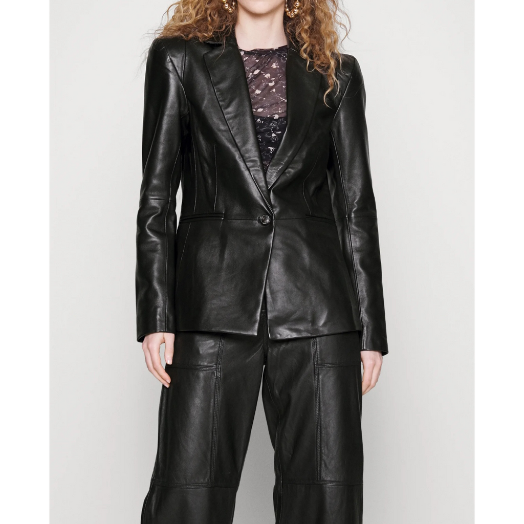 Women's Green Single Buttoned Genuine Leather Blazer