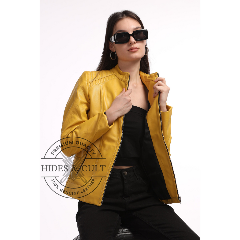 Womens Yellow Genuine Lamb Leather Jacket