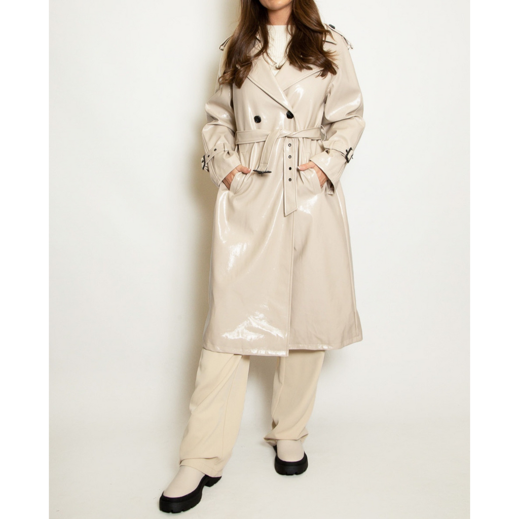 Women's Patent Vinyl Effect Double Breasted Real Leather Trench Coat