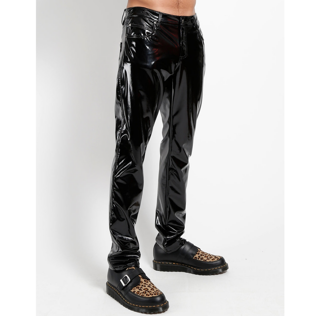 Mens Black Patent Genuine Leather Pant Trouser