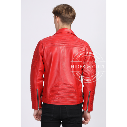 Mens Rich Red Slim Fit Motorcycle Biker Leather Jacket