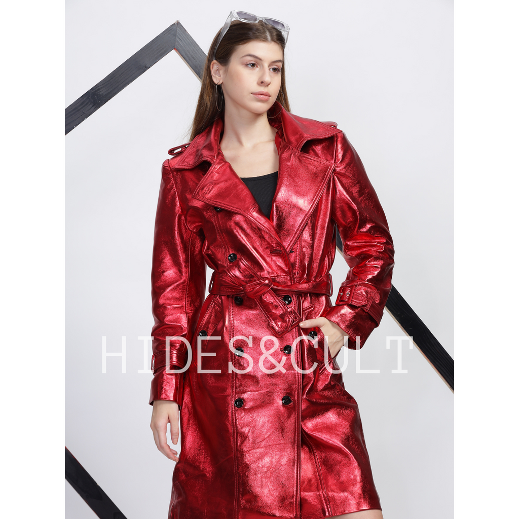 Womens Cherry Red Metallic Foil Effect Double Breasted Belted Leather Trench Coat