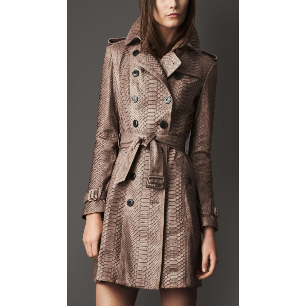 Women's Taupe Python Embossed Effect Double Breasted Real Leather Trench Coat