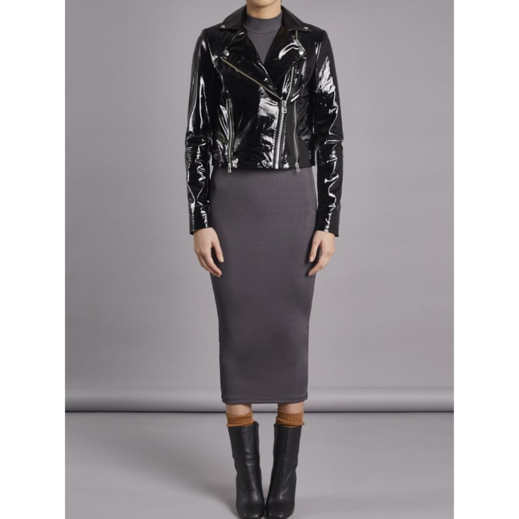 Women's Black Patent Zipper Detail Motorcycle Biker Leather Jacket