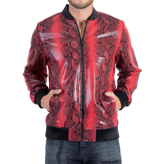 Men's Red Snake Print Foil Genuine Lambskin Leather Bomber Jacket