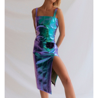 Women's Iridescent Blue Metallic Foil Panelled Leather Dress