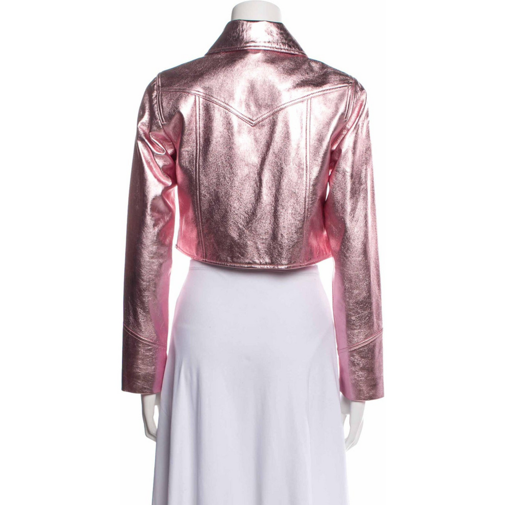 Women's Pink Metallic Foil Cropped Denim Style Leather Jacket