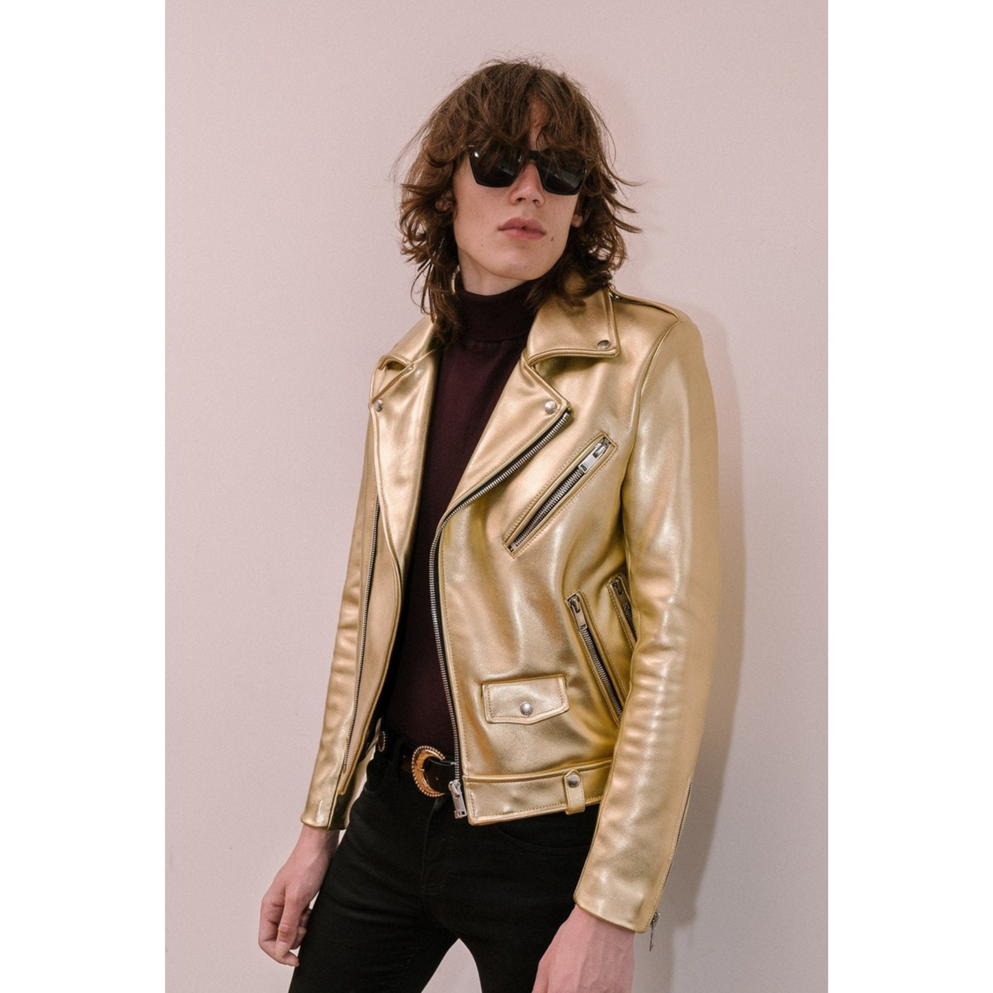 Mens Gold Metallic Foil Motorcycle Biker Leather Jacket