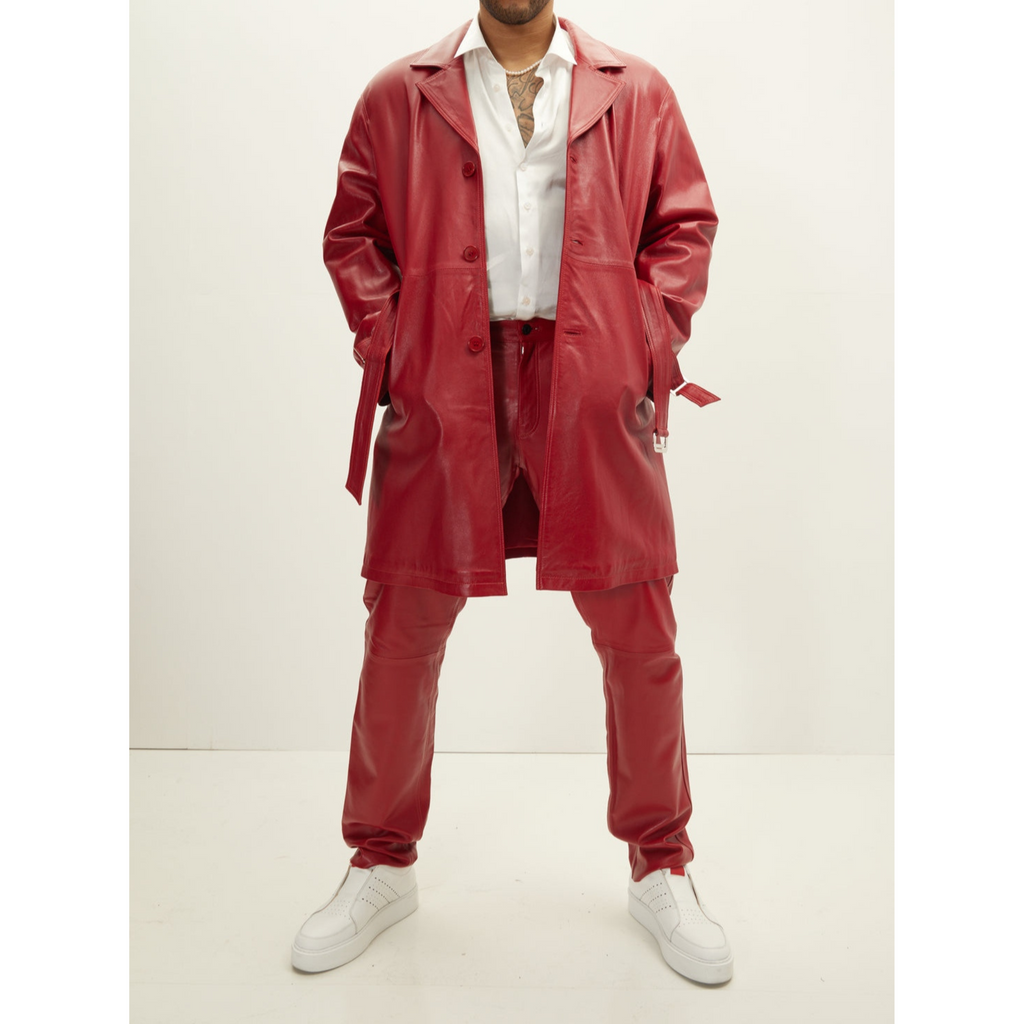 Men's Red Belted Genuine Leather Trench Coat