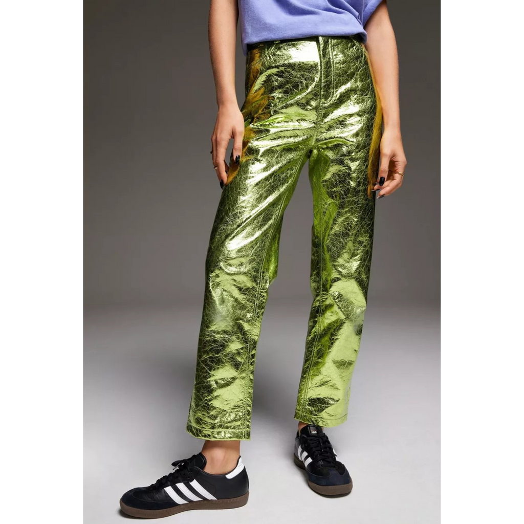 Women's Green Crackle Metallic Foil Straight Leg Genuine Leather Pants