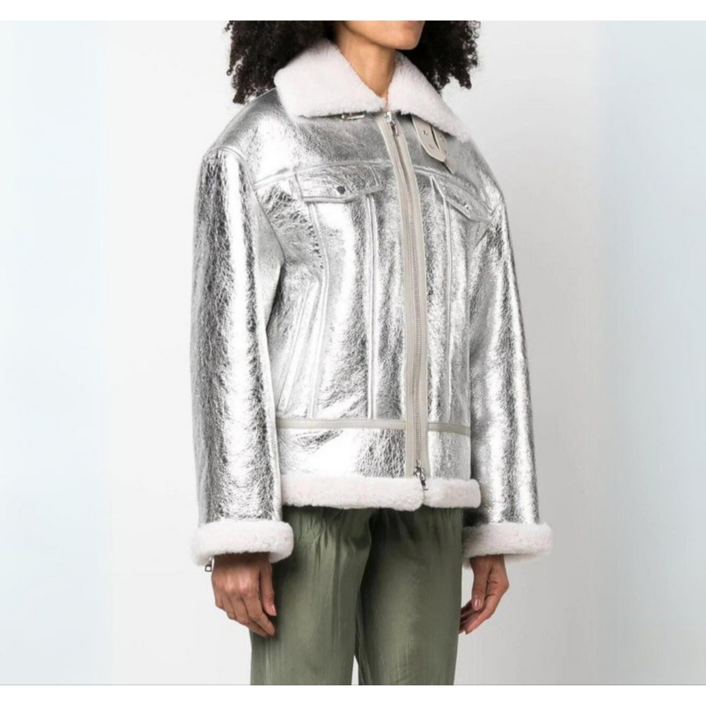 Women's Silver Metallic Foil Real Lambskin Furr Shearling Coat