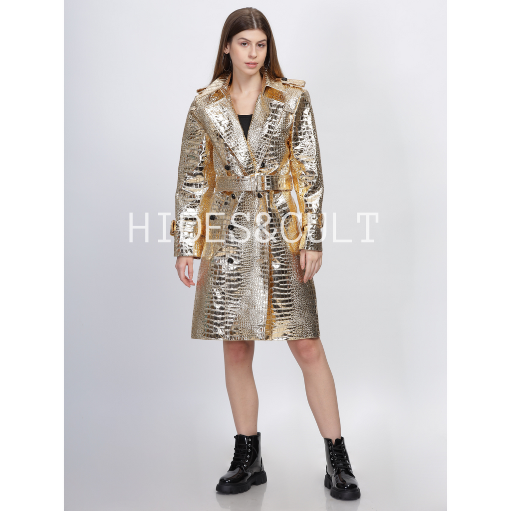 Womens Gold Metallic Foil Croc Embossed Effect Double Breasted Genuine Leather Trench Coat