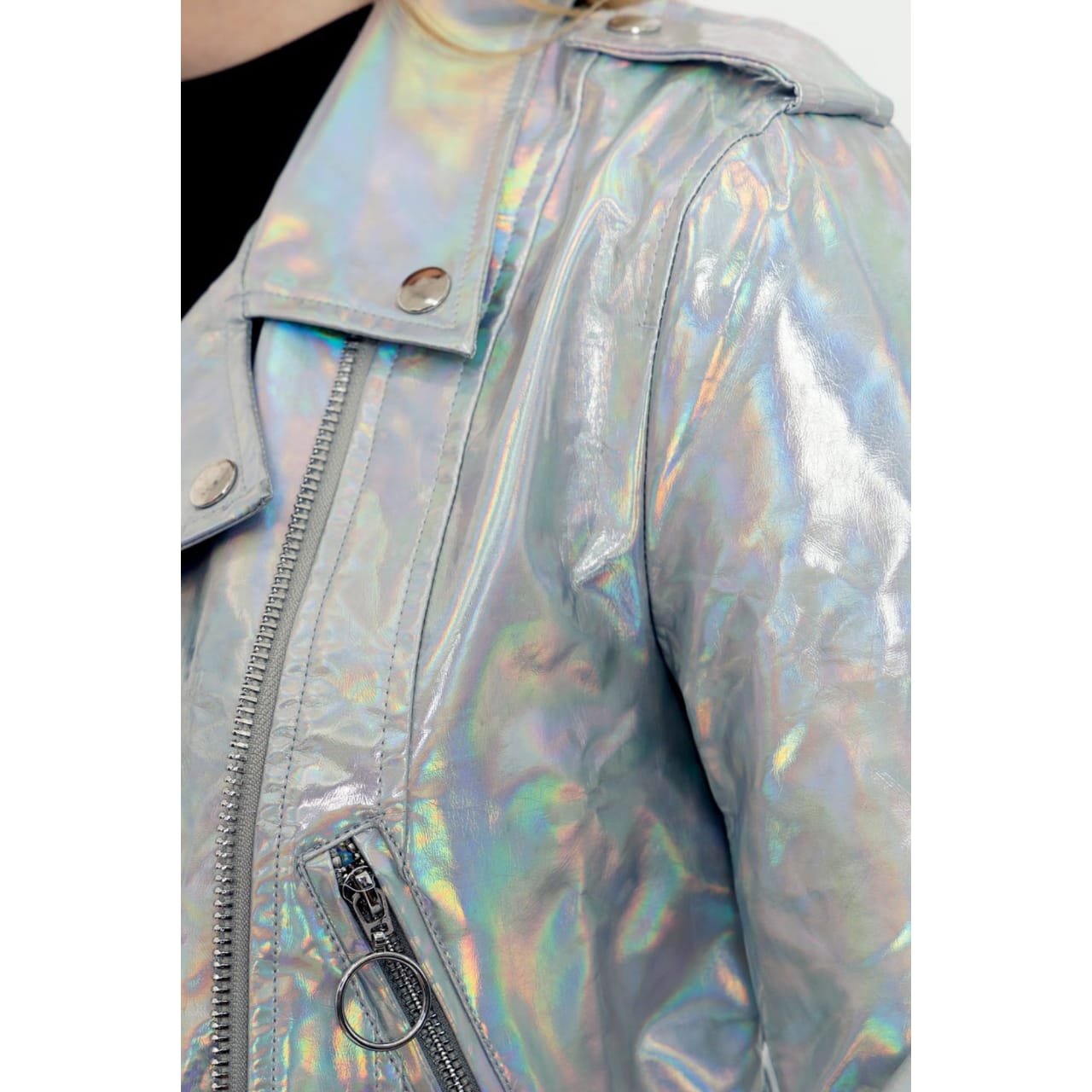 Women's Iridescent Silver Metallic Foil Motorcycle Biker Belted Genuine Lambskin Leather Jacket