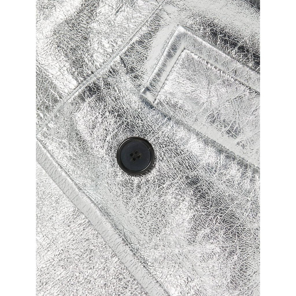 Women's Silver Metallic Foil Effect Double Breasted Real Leather Trench Coat