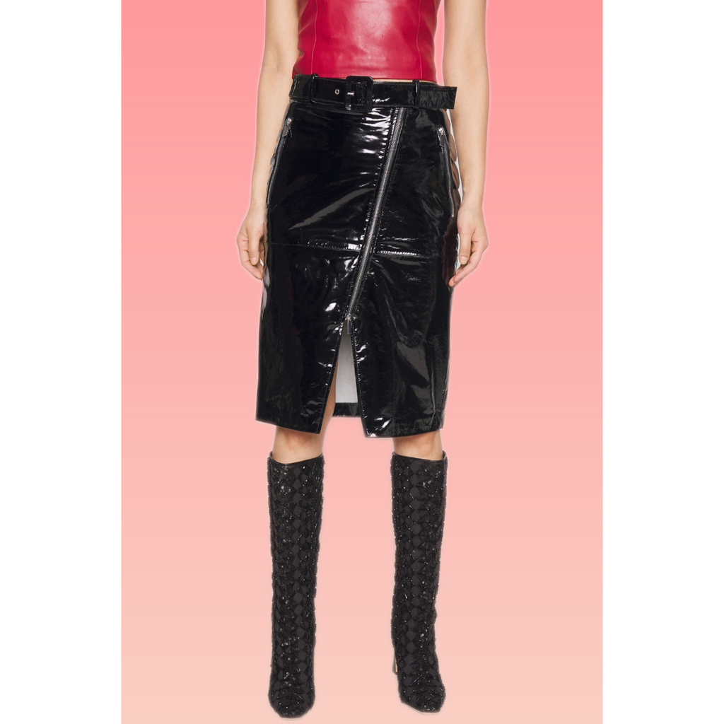 Women's Black Patent Zip Front Pencil Midi Leather Skirt