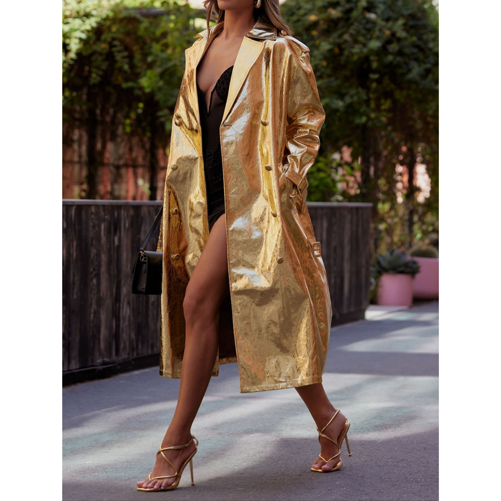 Women's Gold Metallic Foil Effect Double Breasted Real Leather Trench Coat