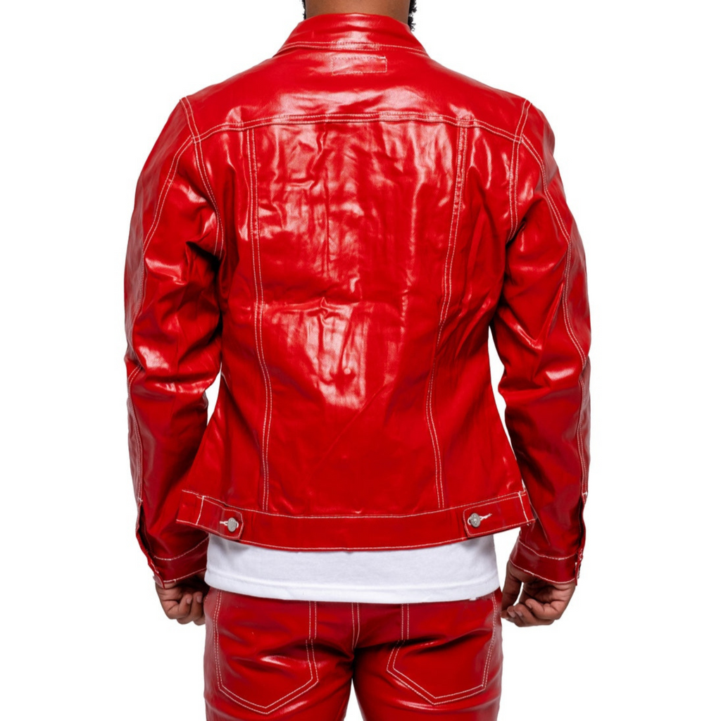 Men's Shiny Red Patent Denim Style Genuine Leather Shacket